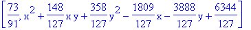 [73/91, x^2+148/127*x*y+358/127*y^2-1809/127*x-3888/127*y+6344/127]